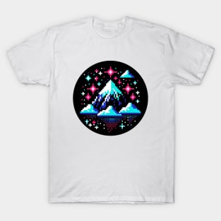 Neon Mountain Majesty: Pixel Art Peak with Starry Sky T-Shirt